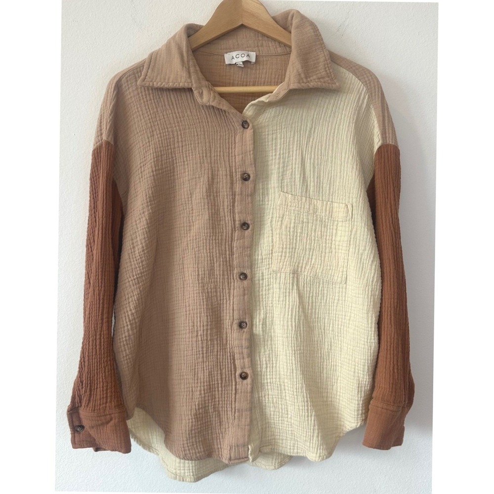 ACOA Womens Colorblock Cotton Gauze Button Down Shirt Tan Rust Cream ACT10492BU